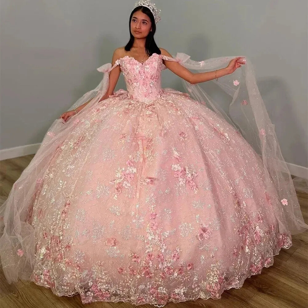 Shimmering Pink Crystal Quinceanera Dresses Ball Gown 3D Flower Beaded Sweet
