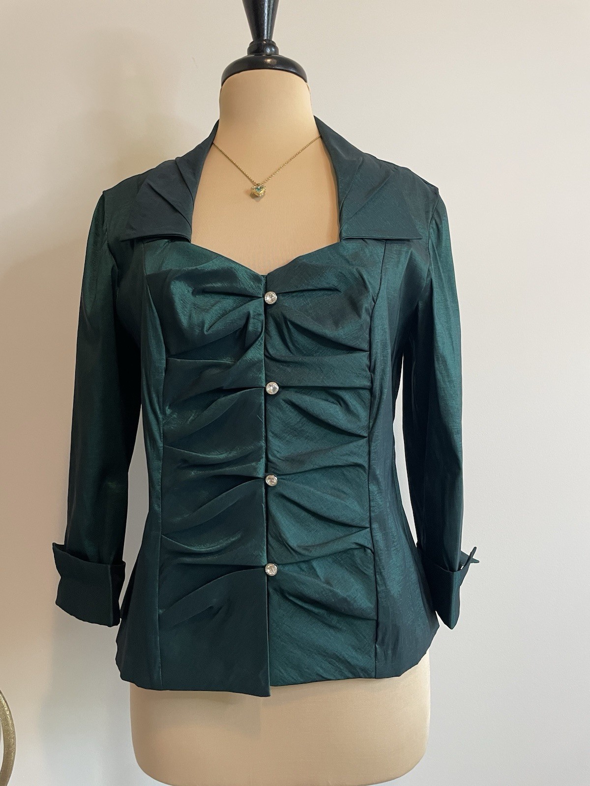 Blu Sage Emerald Green Shimmer Ruched Rhinestone Button Evening Blouse Size 10
