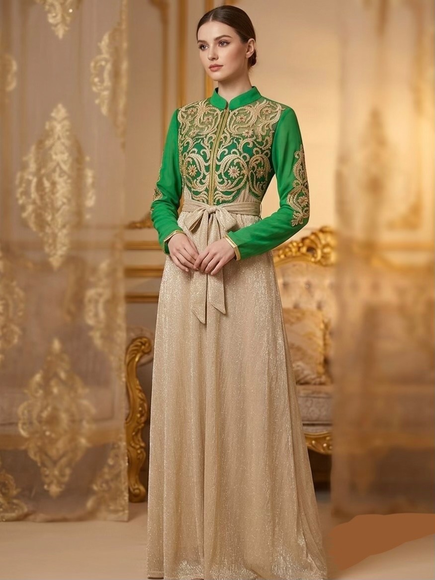 Luxury Moroccan Kaftan Green Gold Embroidery Evening Dress Dubai Abaya Maxi Gown