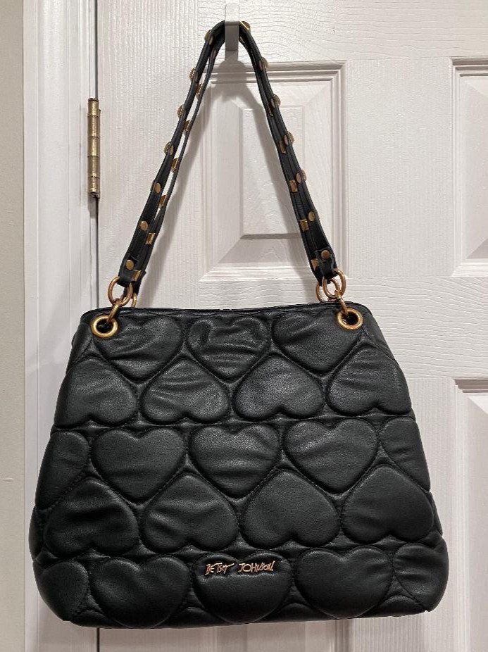 BETSEY JOHNSON XO Mia Black Heart Quilted Gold Studded Tote Handbag Purse – New!