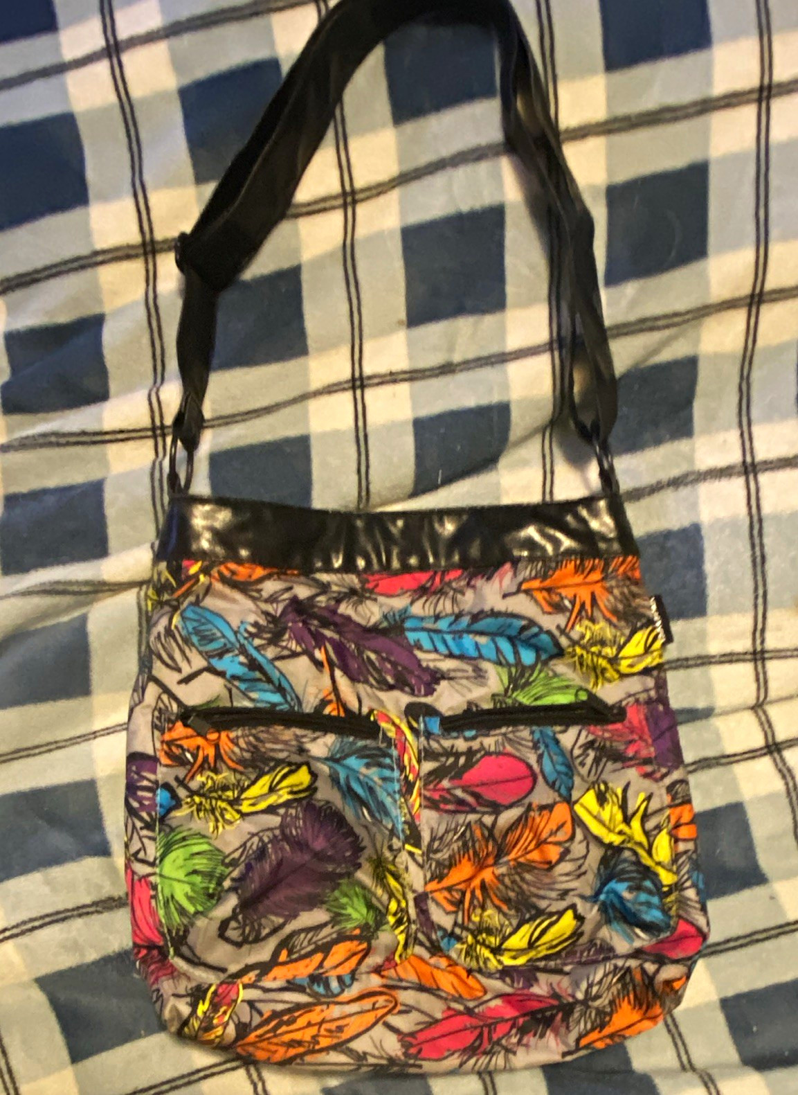 Yak Pak Multicolor Feather Print Crossbody Bag Zip Closure Adjustable Strap