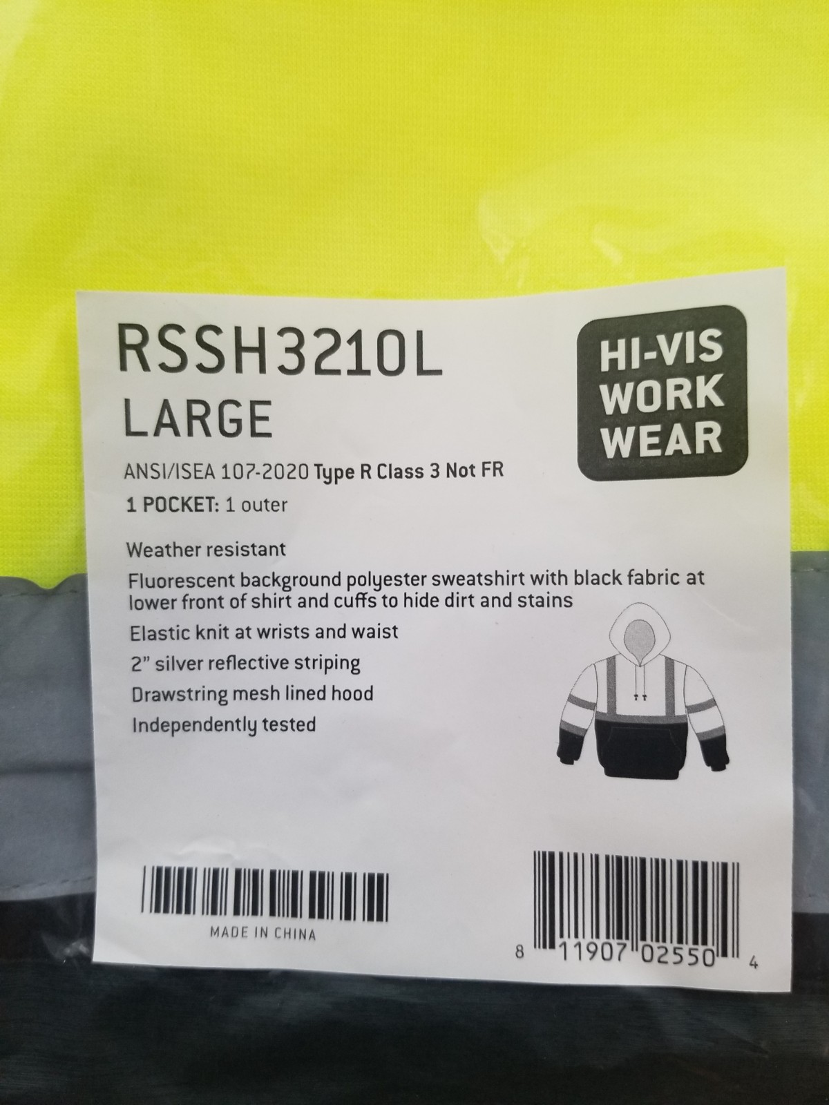 HIGH VISIBILITY Lime Class 3 Pullover Safety Sweatshirt Hoodie Hi-Vis LARGE