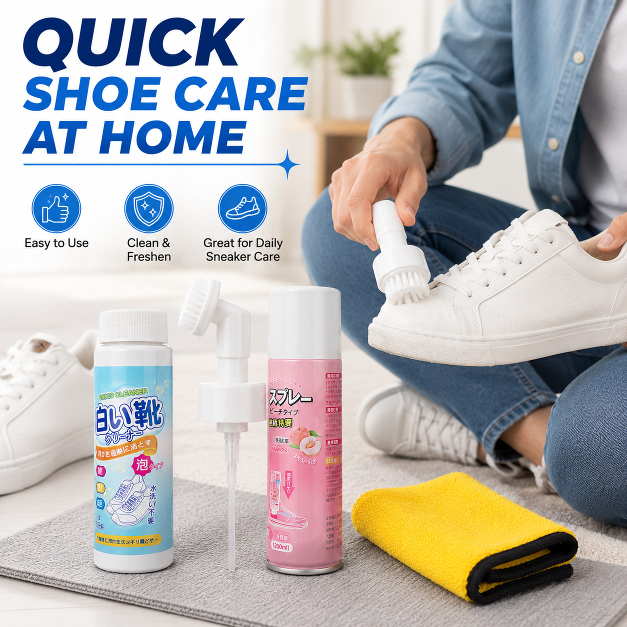 All-in-One Shoe Care Kit Cleaner Spray Brush Towel for Daily Shoe Cleaning