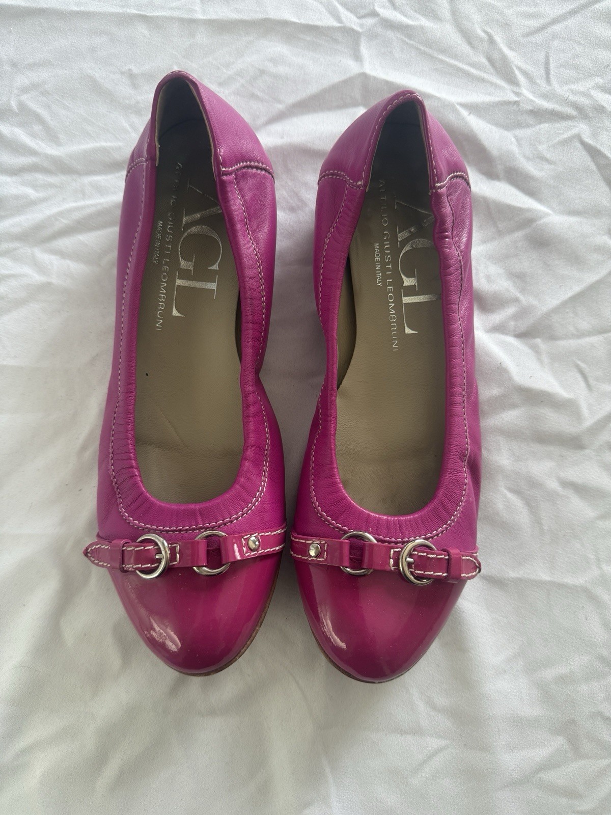 AGL Women’s Pink Leather Buckle Ballet Flat Round Toe Slip-On (37.5) US 7.5
