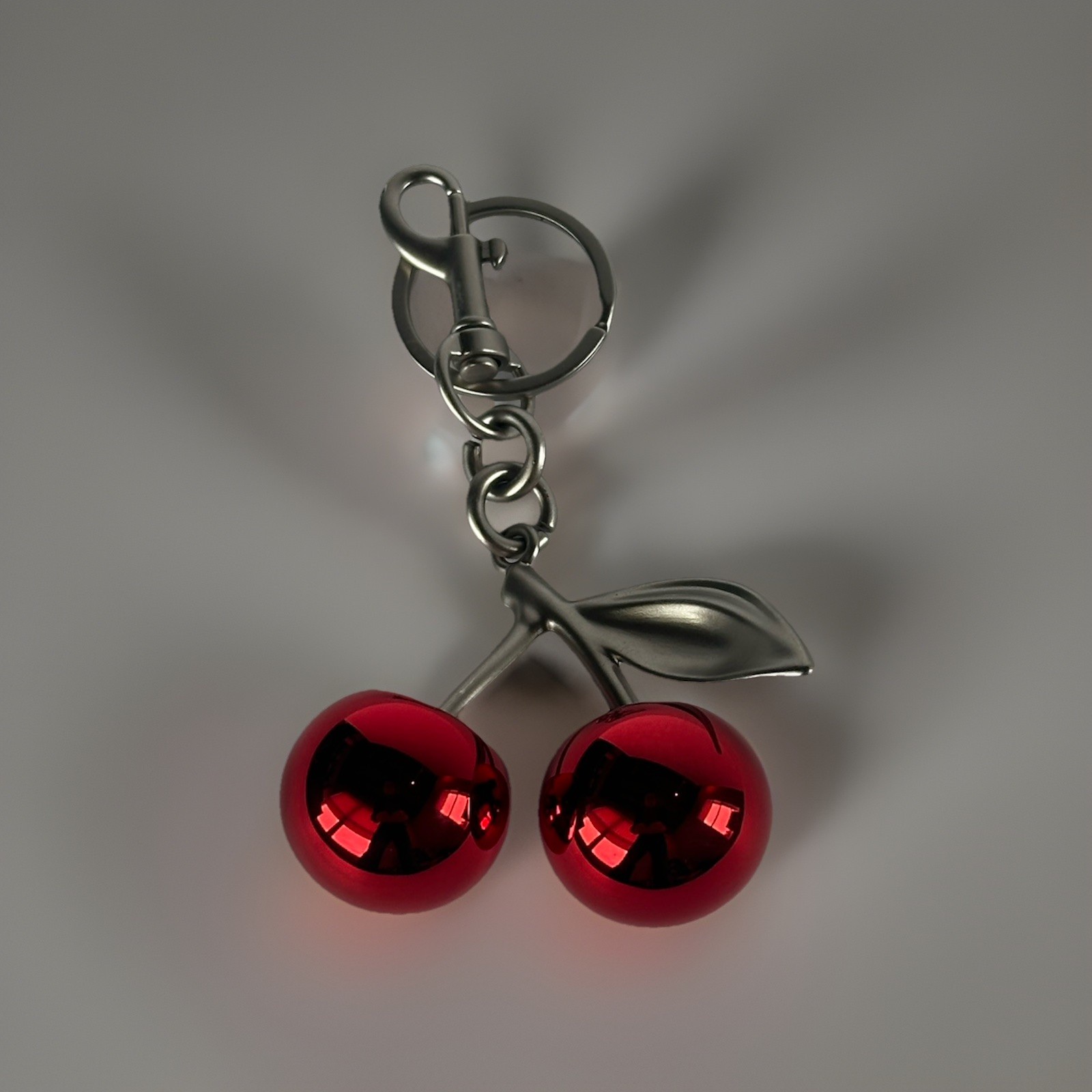 Mirrored Red Double Cherry Bag Charm | SILVER Keychain + Premium Velvet Dust Bag