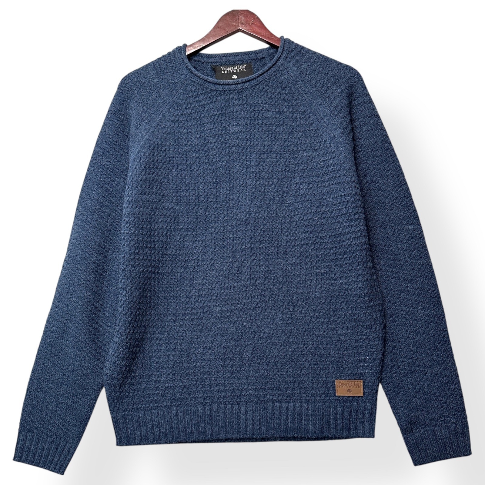 Emerald Isle Knitwear Kenmare Sweater Large Blue Wool Blend Raglan L Fisherman