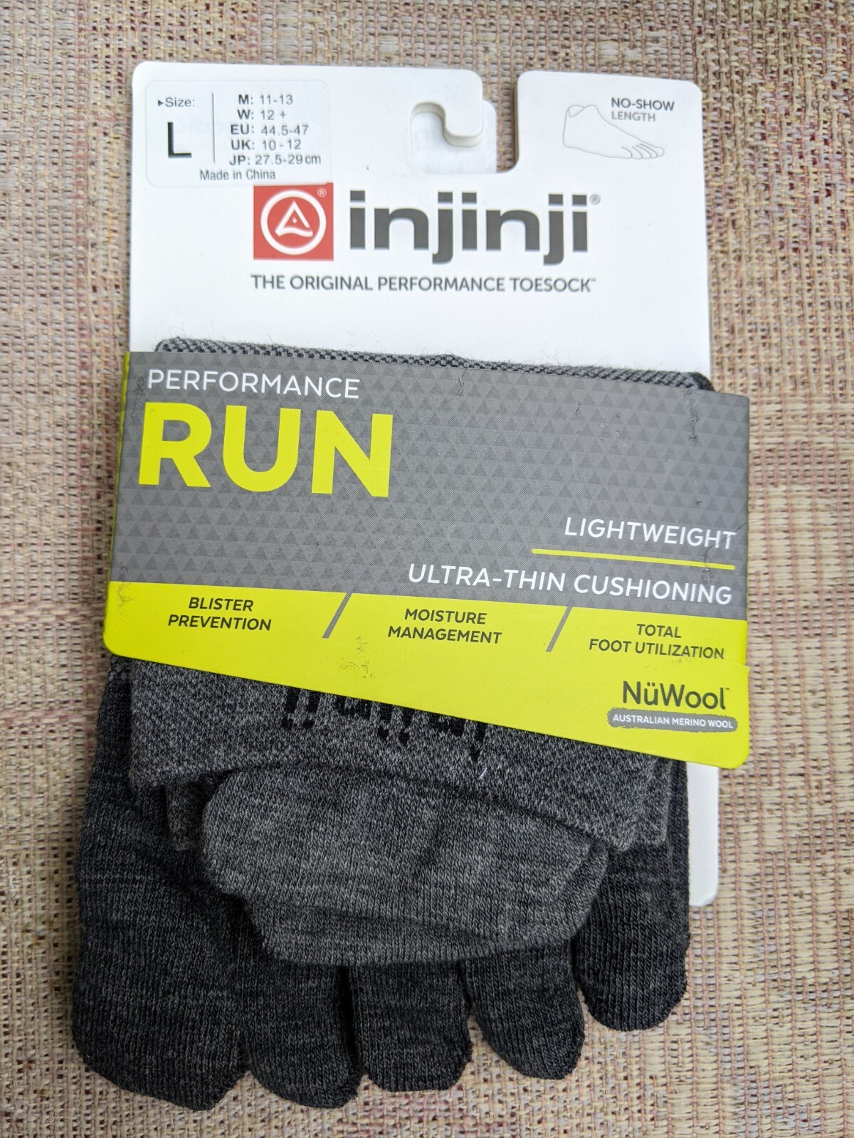 Injinji Performance Run Lightweight No Show Wool Toesocks Charcoal Large