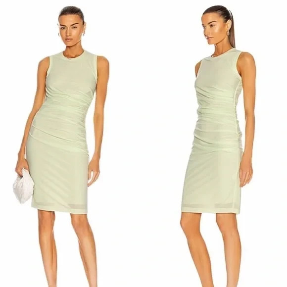 Helmut Lang Electric Yellow Ruched Body Con Sheath Dress Size Small Pre-Owned