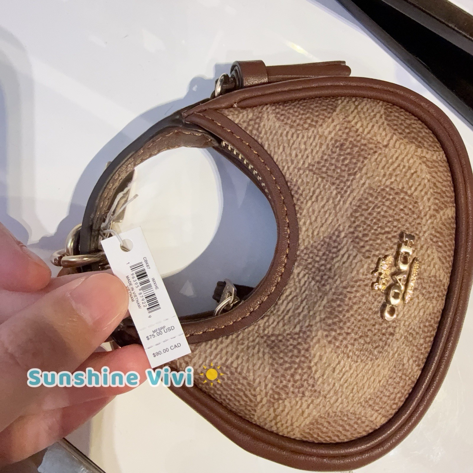 NWT Coach Mini Carmen Bag Charm In Signature Canvas Gold/Tan/Brown CBK67