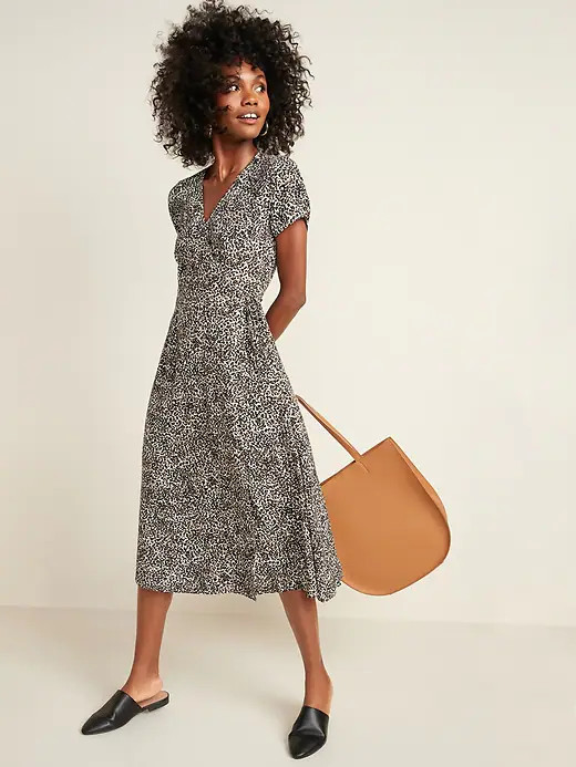 Old Navy Short Sleeve Fall Wrap Dress Womens L Black & Brown Animal Print Midi
