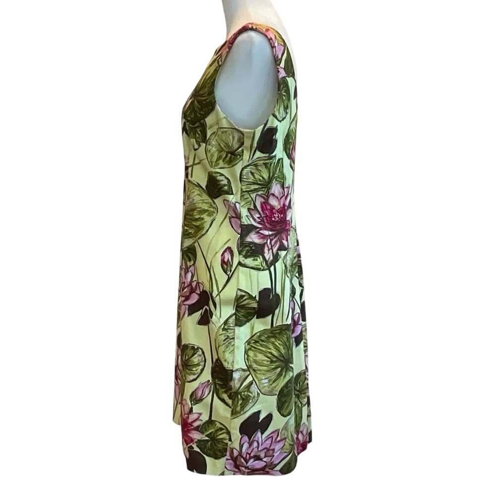 Talbots Petites 10 Yellow Pink Lotus Flower Lily Pad Cotton Sheath Dress 36in L