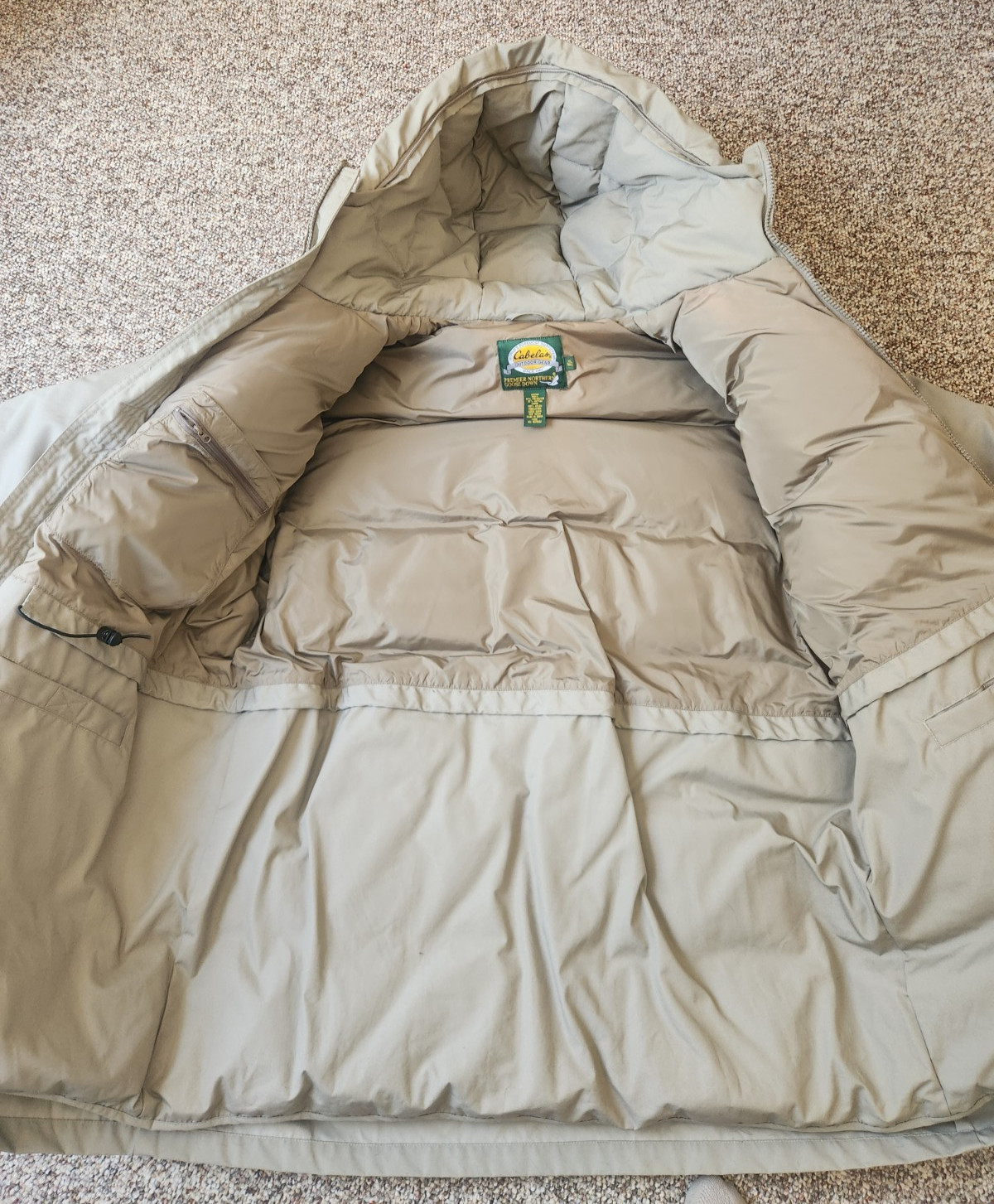 Cabelas Premier Northern Goose Down Parka Jacket Men’s XL Tan Hooded Insulated