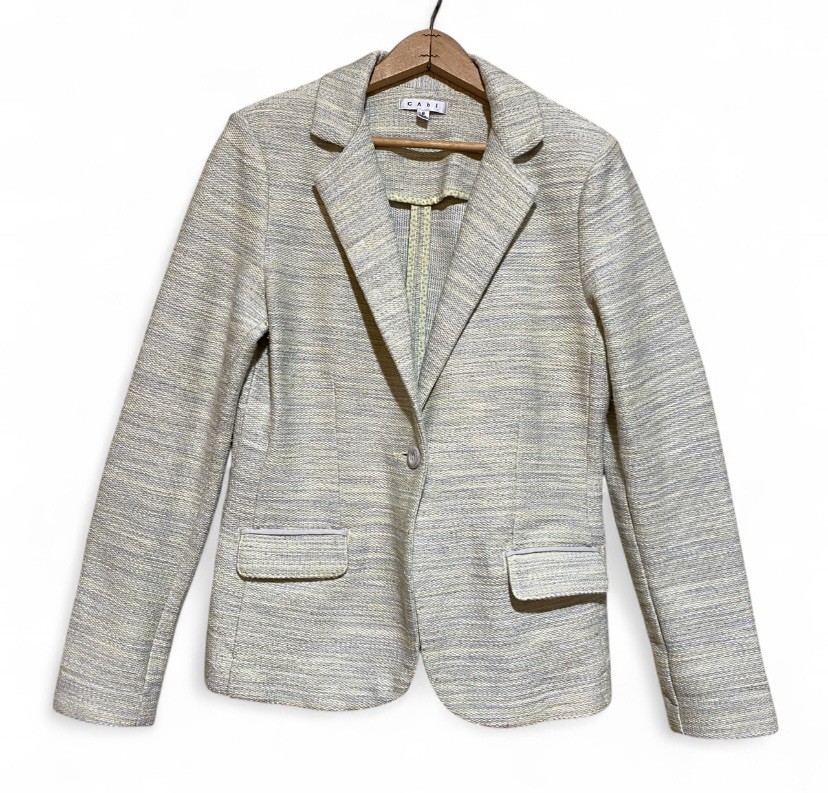 CABI Women’s Blazer One Button Knit Jacket Gray Yellow Tweed Size 8