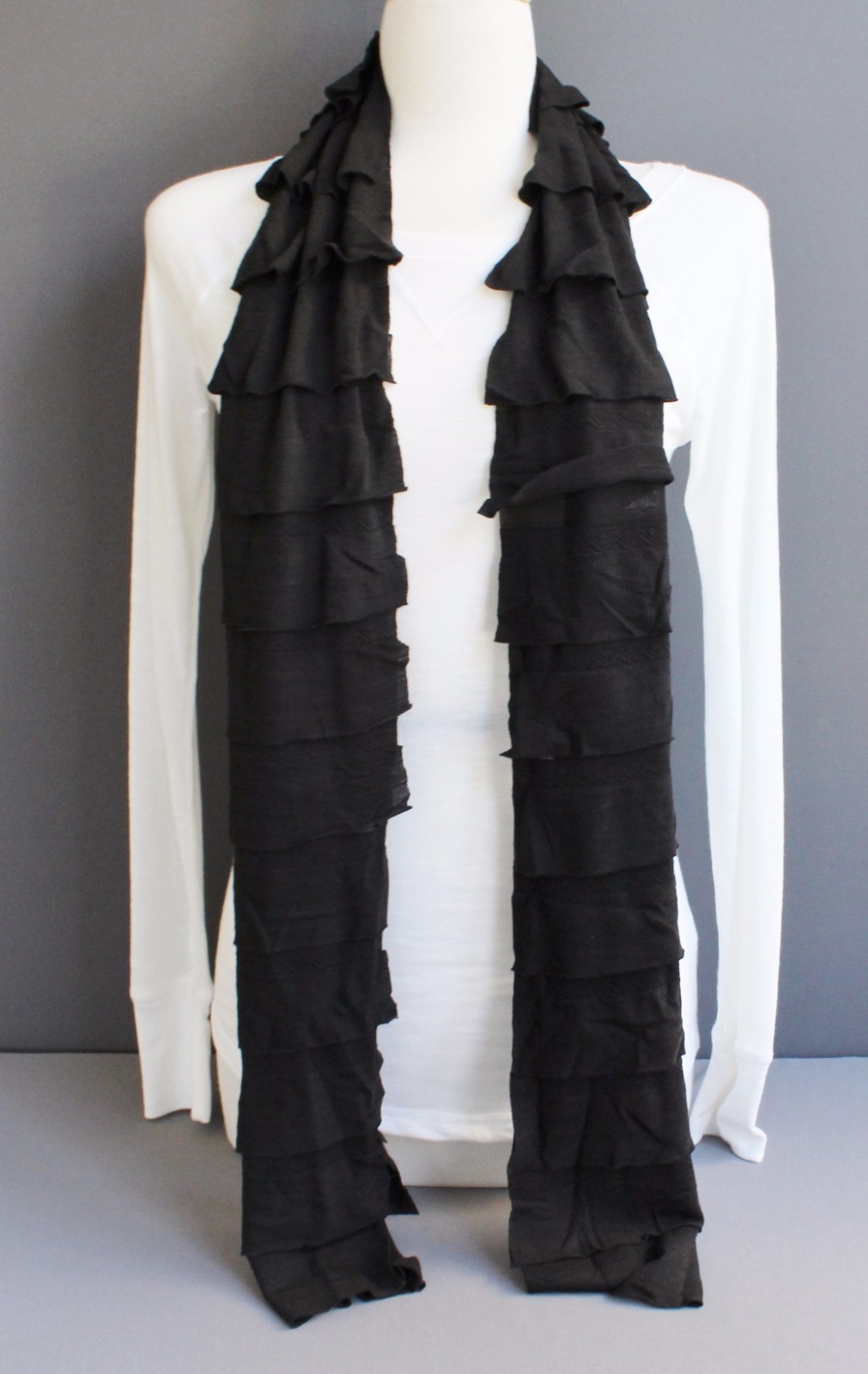 Black jersey knit fabric 72″ extra long ruffled scarf 8″ wide layered ruffles