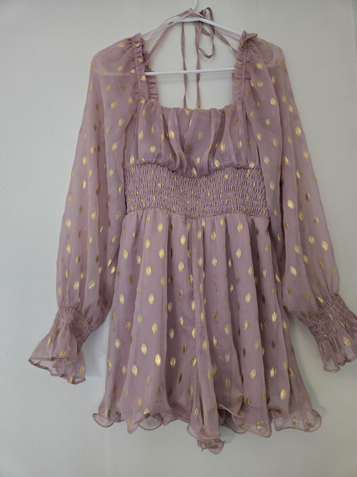 Endless Rose Pink/Gold Polka Dot Chiffon Smocked Balloon Sleeve Romper M