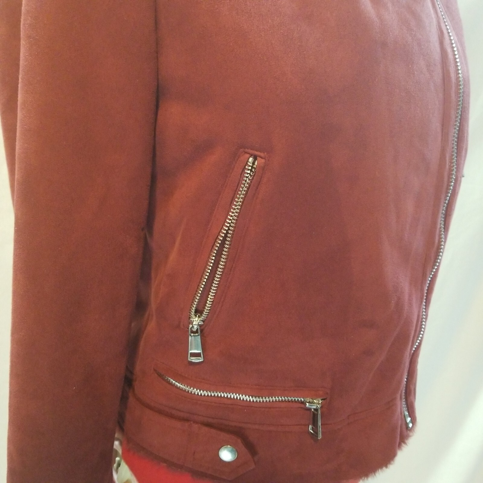 Womens Biker Faux Suede Maroon Red Moto Jacket Furry Lining PLEASE SEE DESCRIPTI