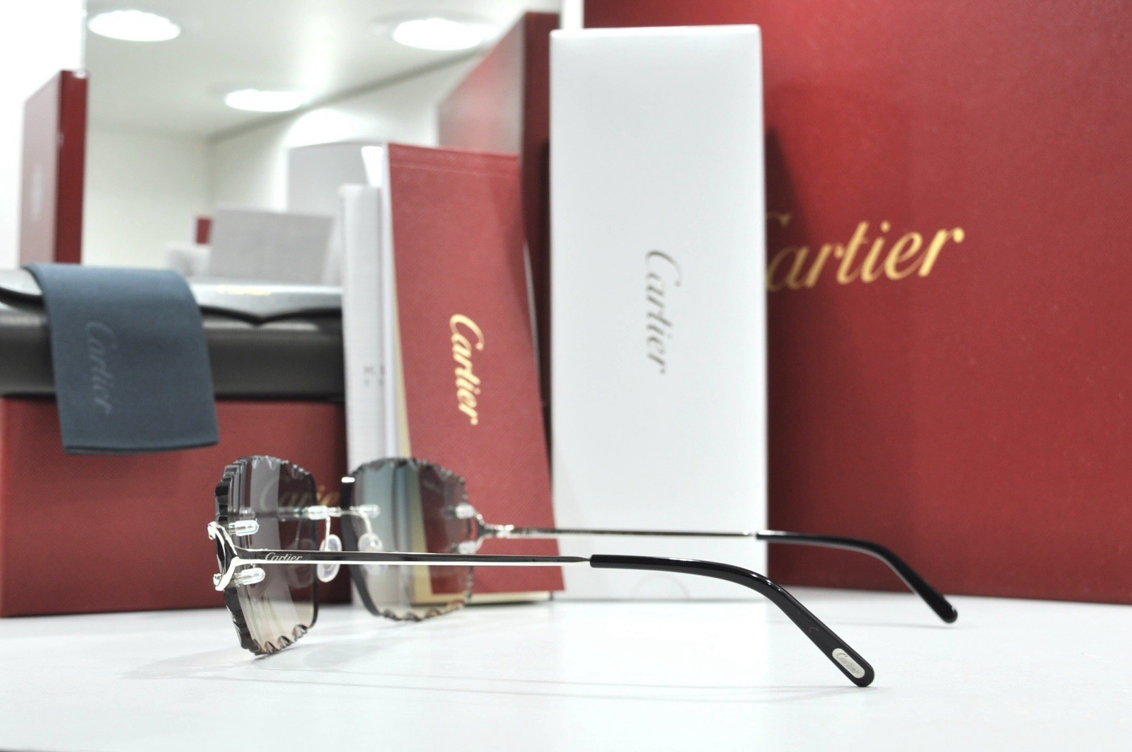 Cartier rimless sunglasses piccadilly glasses Diamond Cut BIG C silver Frame