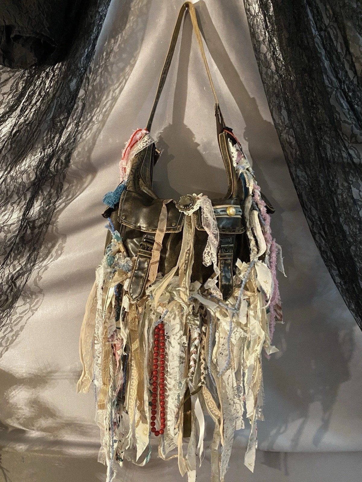 BOHO FRINGE ROMANTIC REWORKED SHABBY BAG PURSE Tapestry Funky Upcycled HIPPY