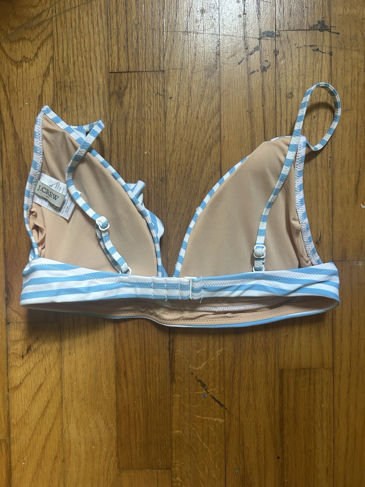 J.CREW Blue/White Striped Ruffle Triangle Bikini Top, Adjustable Straps M D