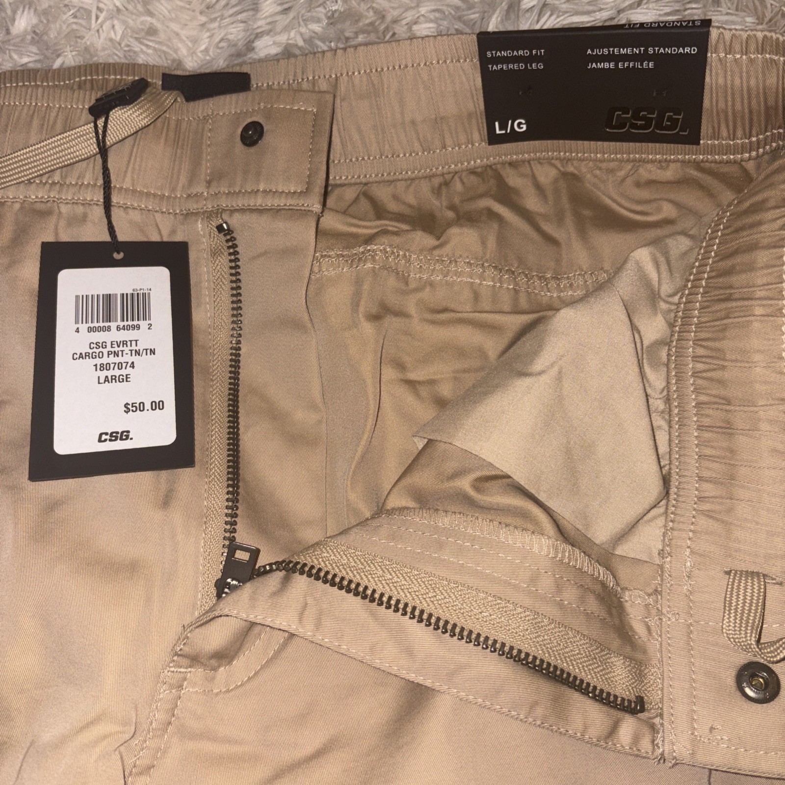 CSG Men’s Beige Cargo Pants L Regular Standard Fit Tapered Elastic SALE!