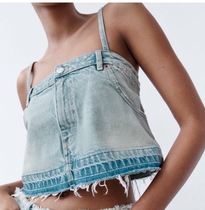 ZARA Skirt Effect Cropped Denim Spaghetti Straps Jean Tank Top