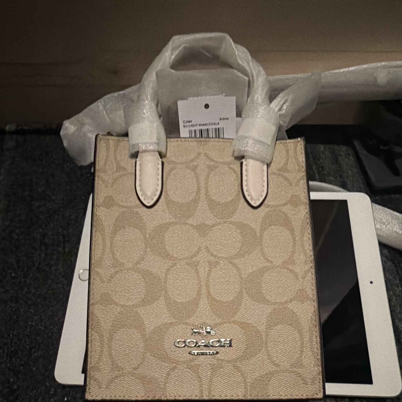 Coach Outlet Signature Mini Tote Light Khaki/Chalk Silver Hardware Strap