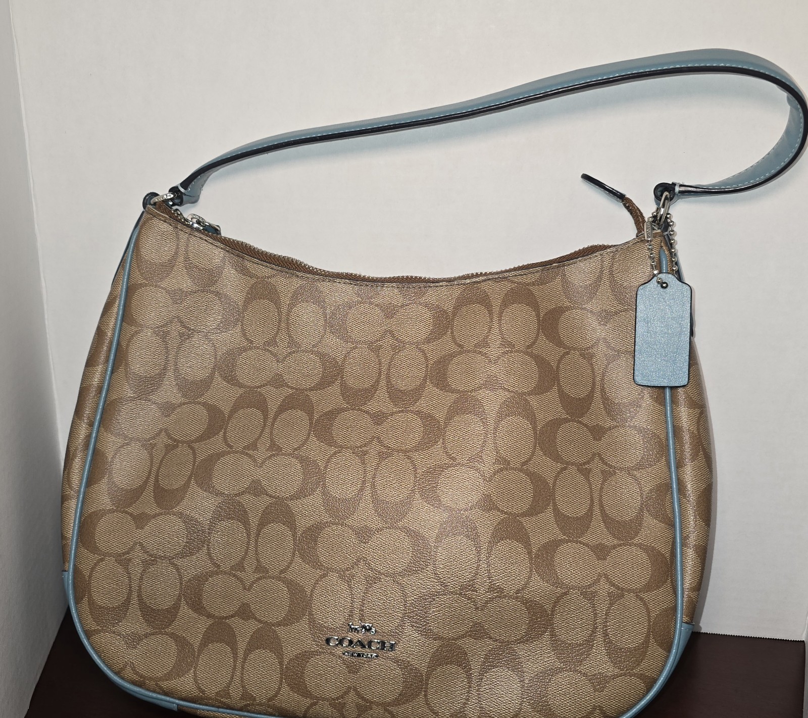 Coach F29209 Signature Zip Shoulder Bag Khaki Blue Canvas Leather Trim