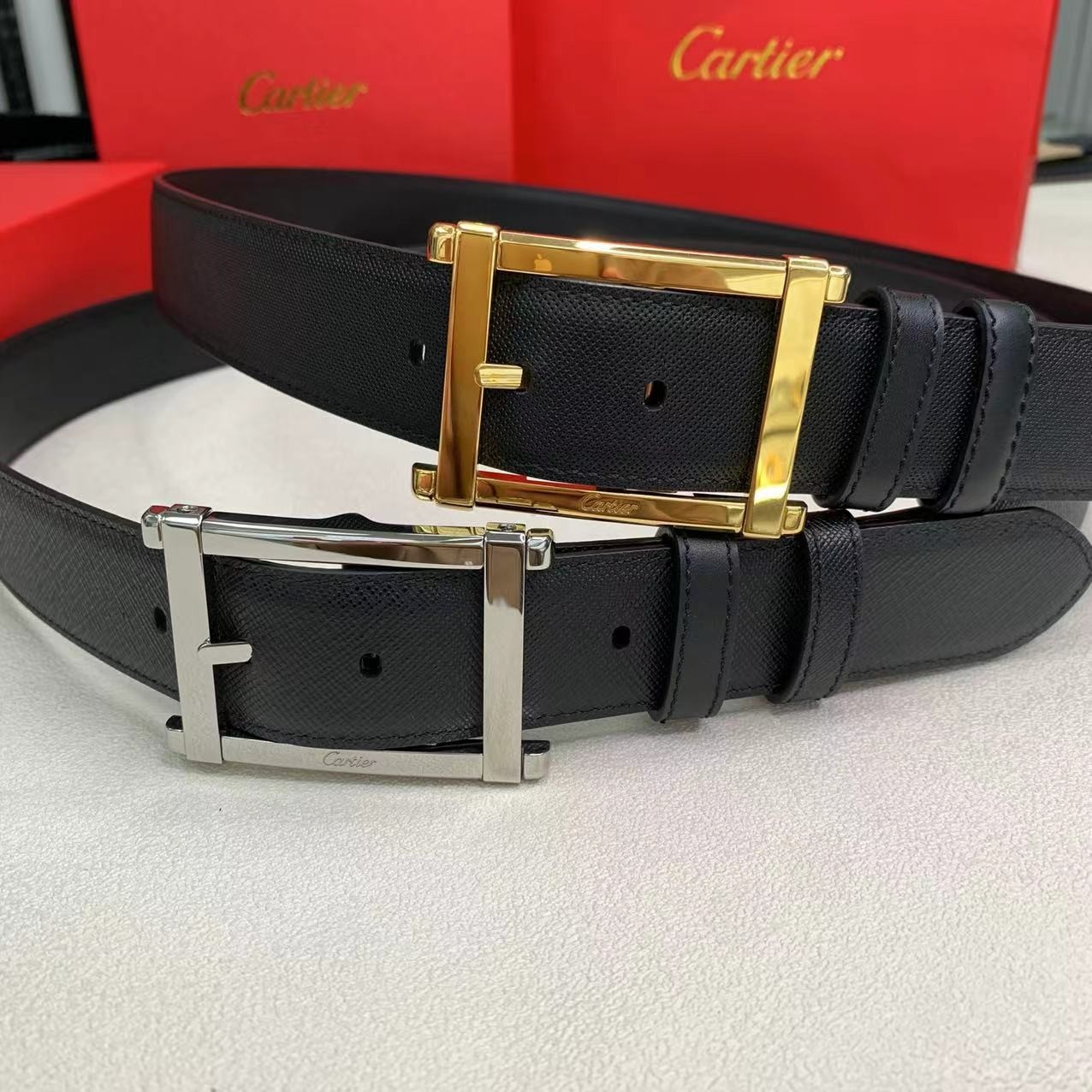 Authentic Cartier Belt Men’s Black Belt Leather Silver & Gold Buckle