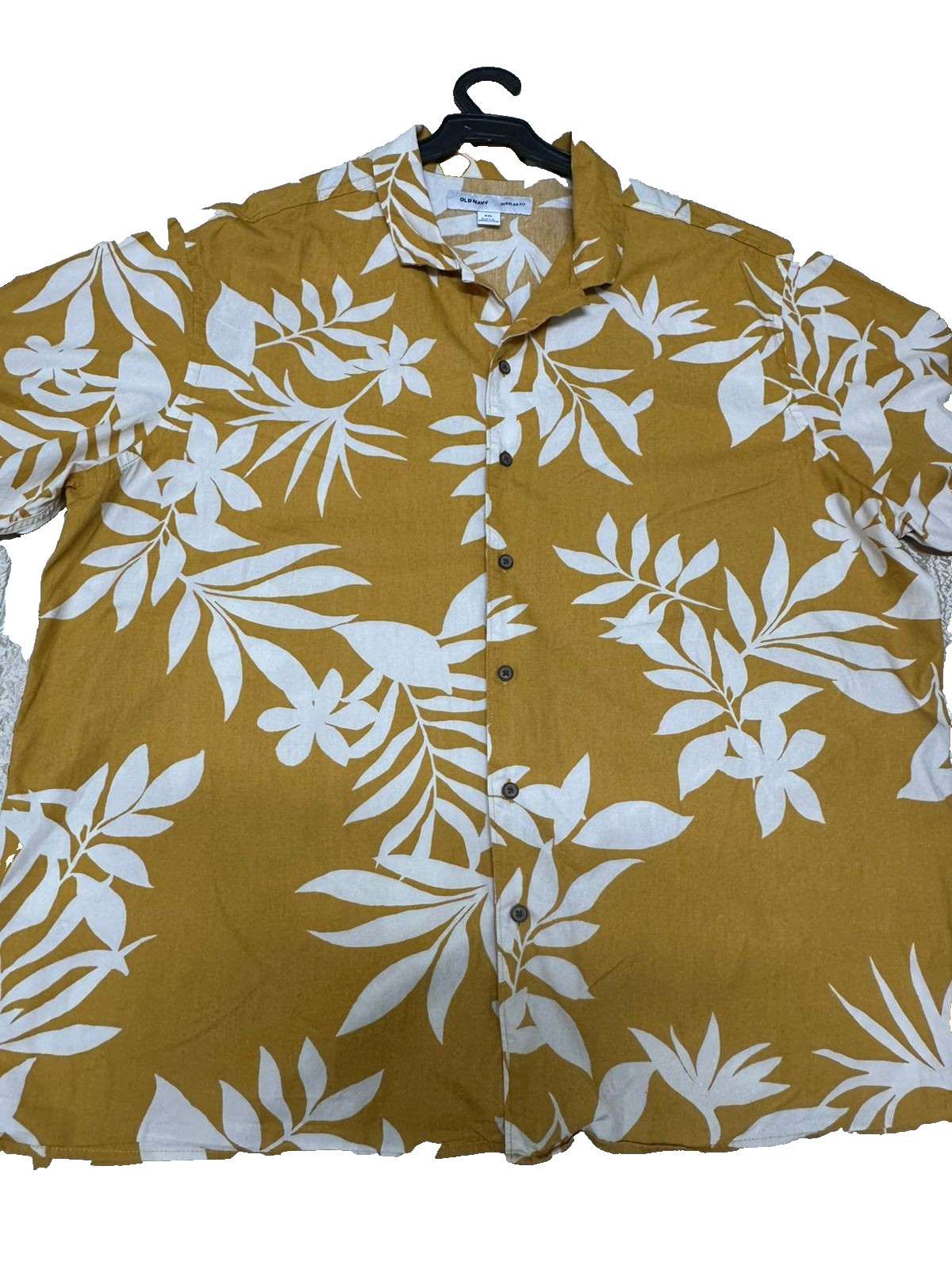 Old Navy Men XXL Tropical Leaf Print Short Sleeve Button Up Shirt Mustard Yellow