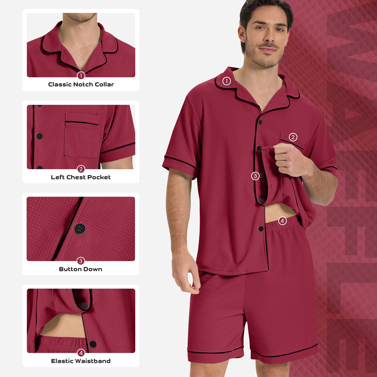 SIORO Men Waffle Knit Pajamas Set Short Sleeve Sleepwear Button Down Loungewear