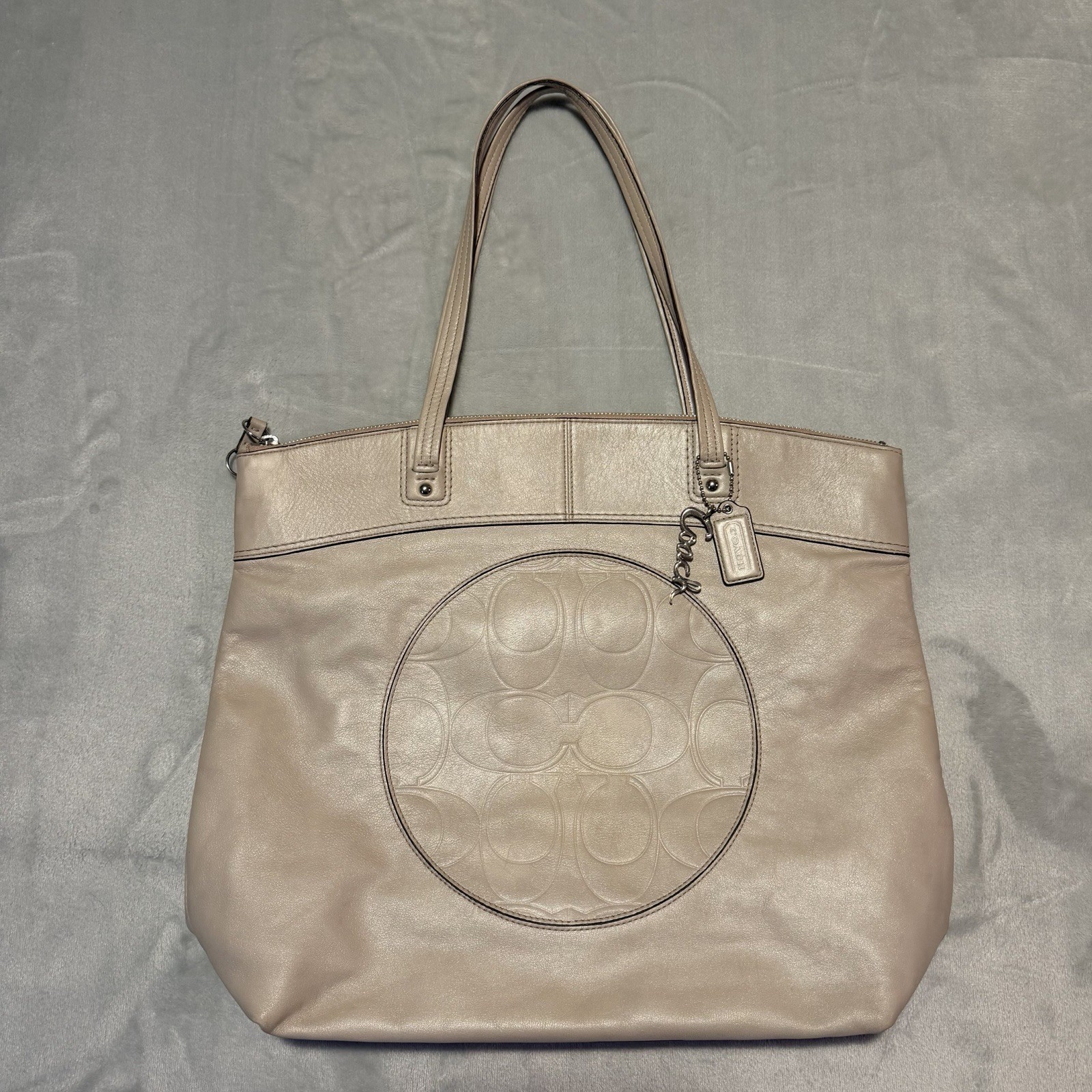 Coach Laura Signature Embossed Leather Tote Bag Taupe Gray Purse Handbag F18336