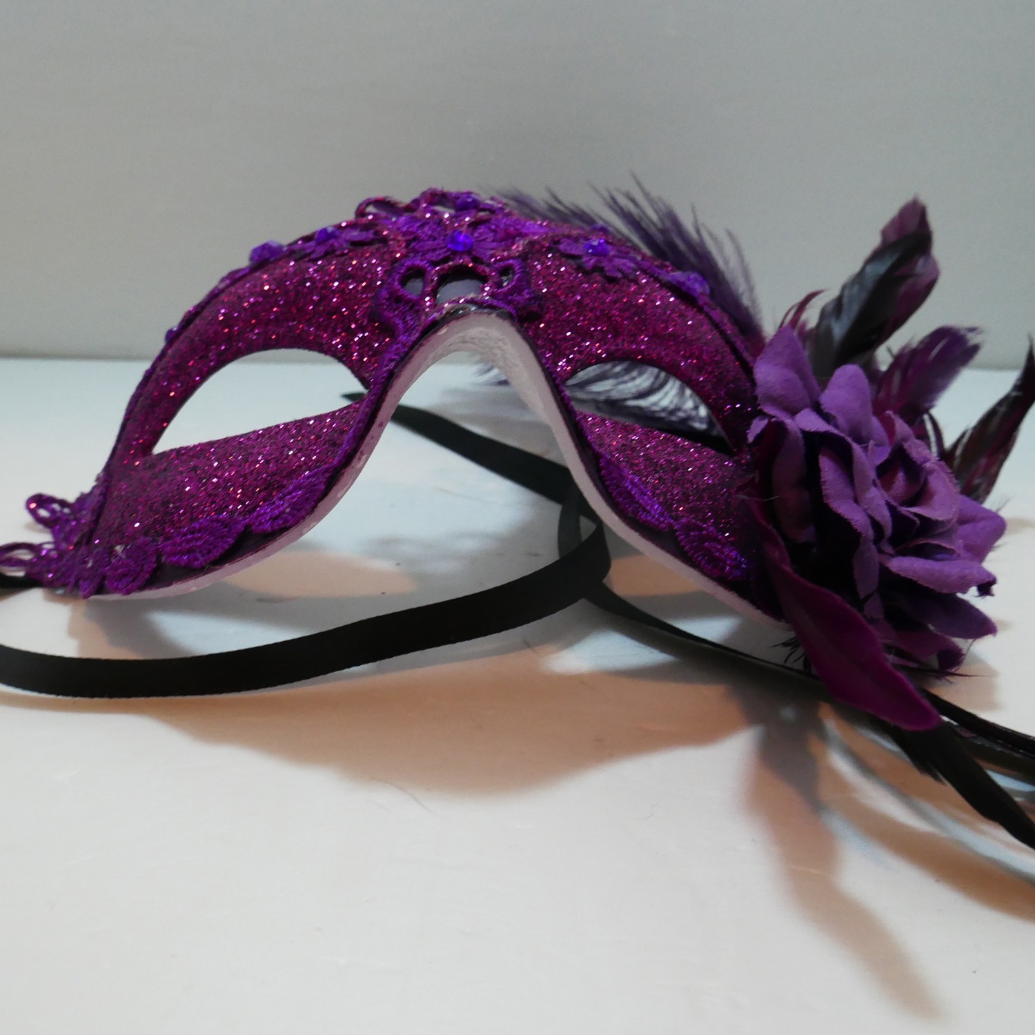 Venetian Adult Eye Mask with Feather Accents & Ribbon Ties Purple glitter rose