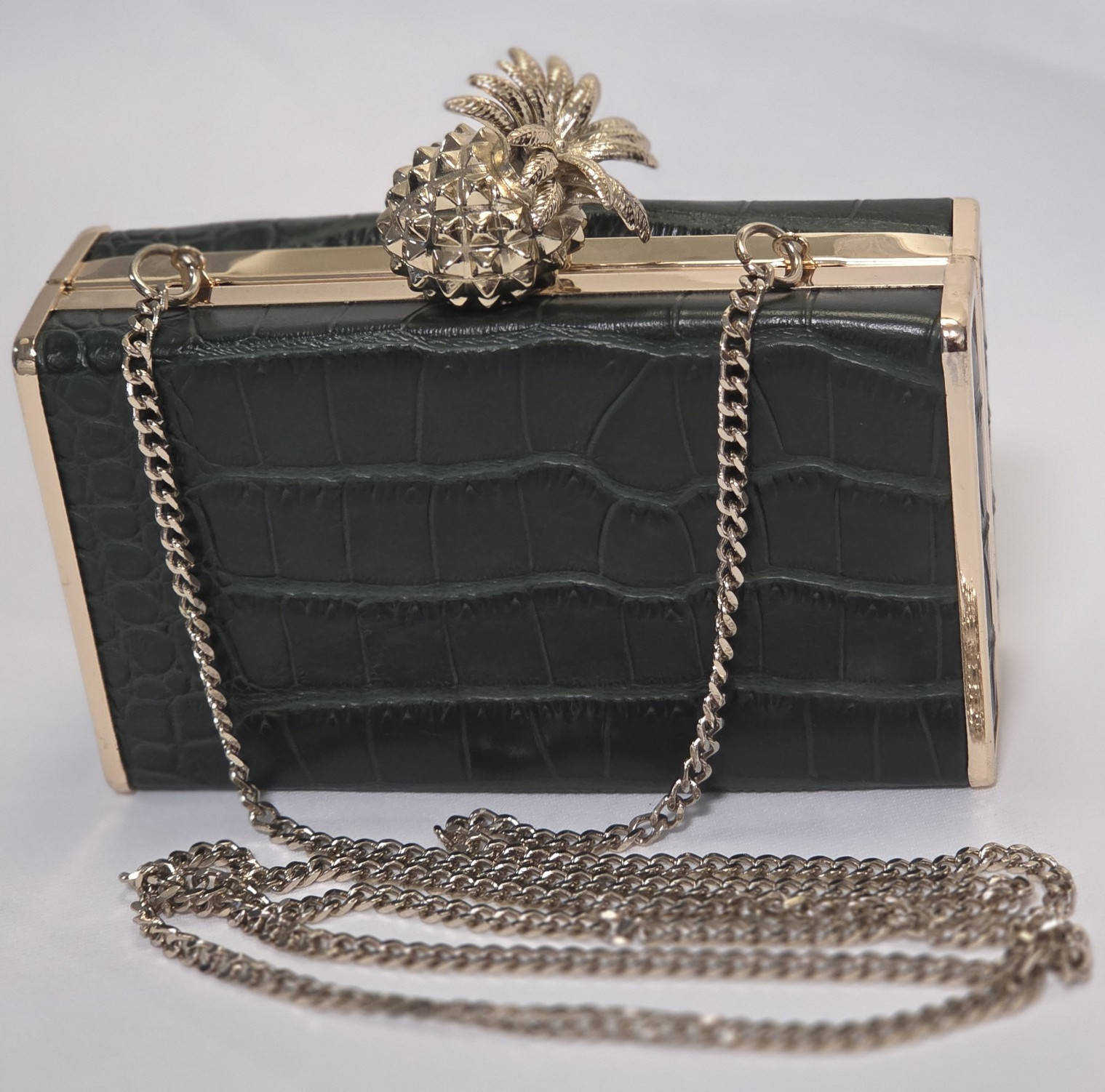 Zara Trafaluc Green Croc-Effect Box Clutch Gold Pineapple Clasp Chain