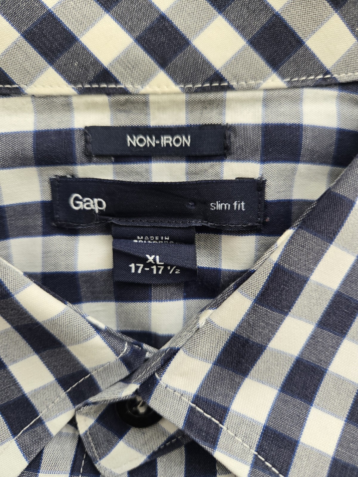 Gap Shirt XL Blue Whit Plaid Button Up Slim Fit Long Sleeve Mens 17-17.5