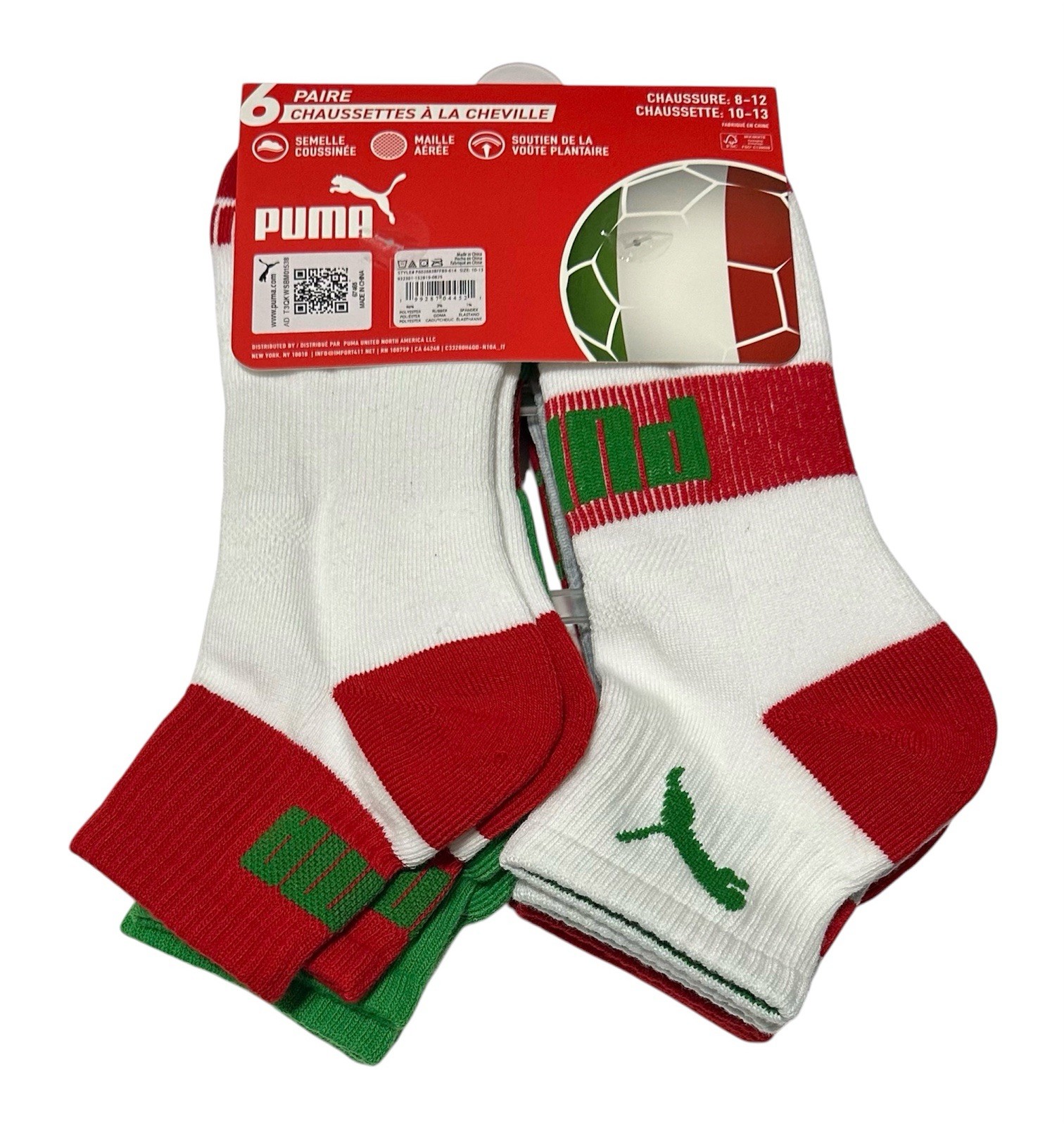 Puma Men’s Cushioned 6-Pair Quarter Crew Socks Large (8-12) Italy Proud