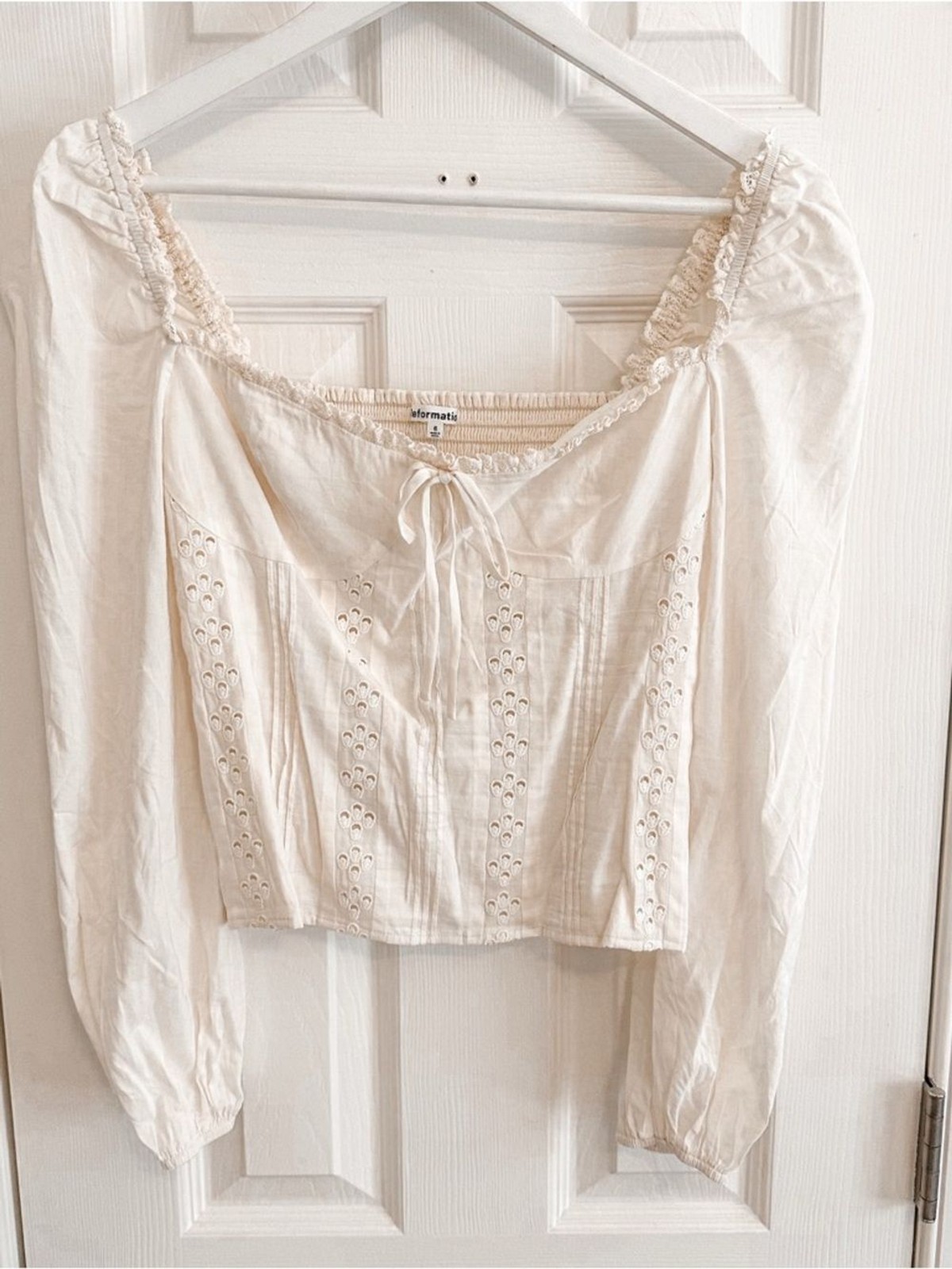 Reformation Isadora Top Cream Eyelet Tie-Front Peasant Blouse