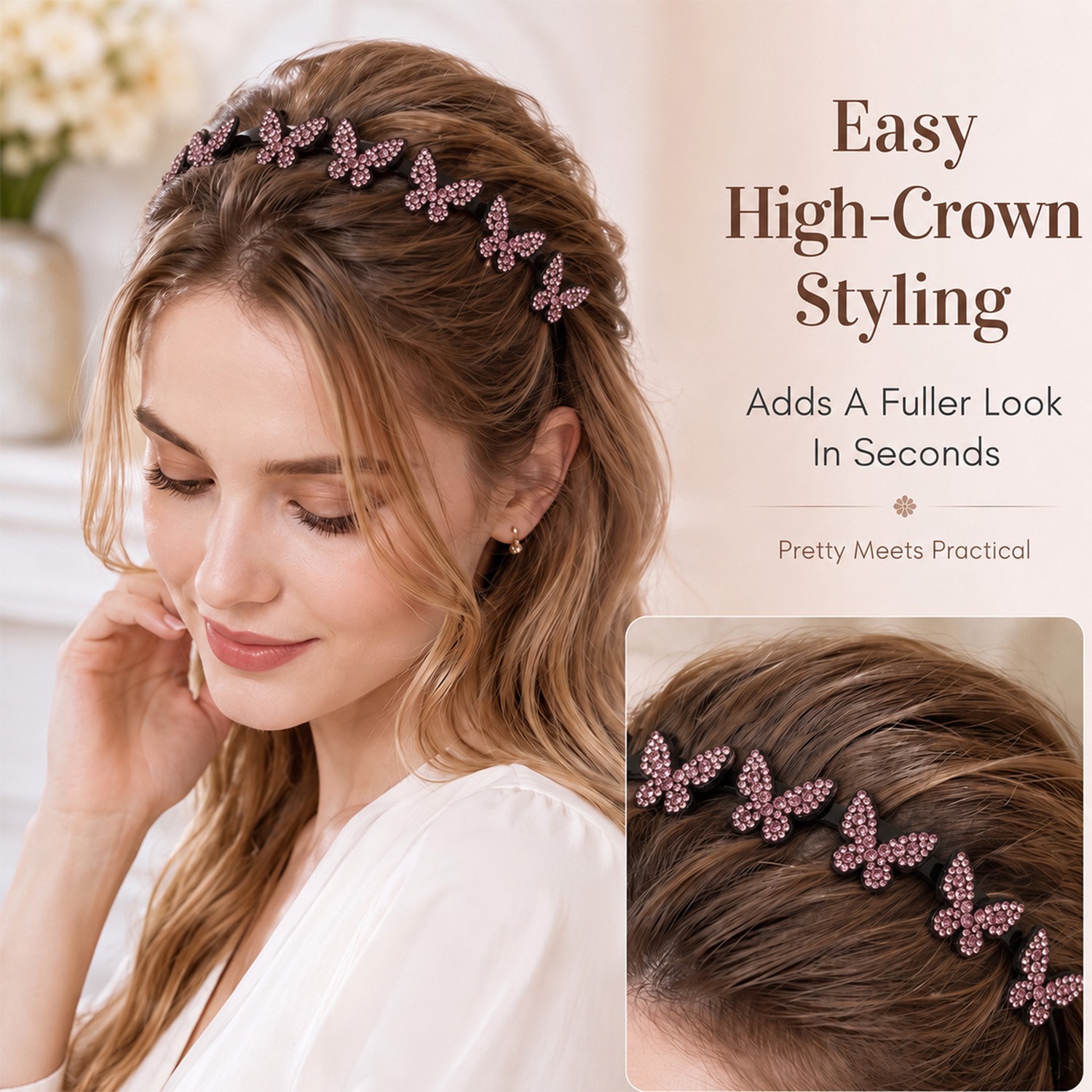 4PCS Glitter Rhinestone Butterfly Flowers Crystal Wavy Teeth Headband for Women