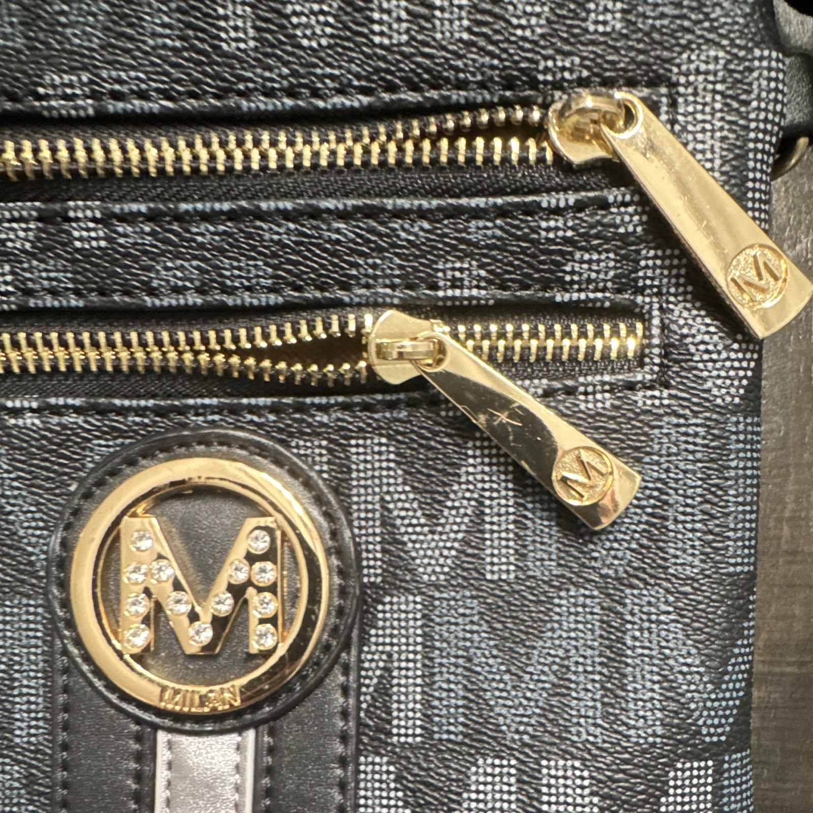Milan MFK Collection Black/Blue Zip Crossbody Bag, Gold Hardware, Small