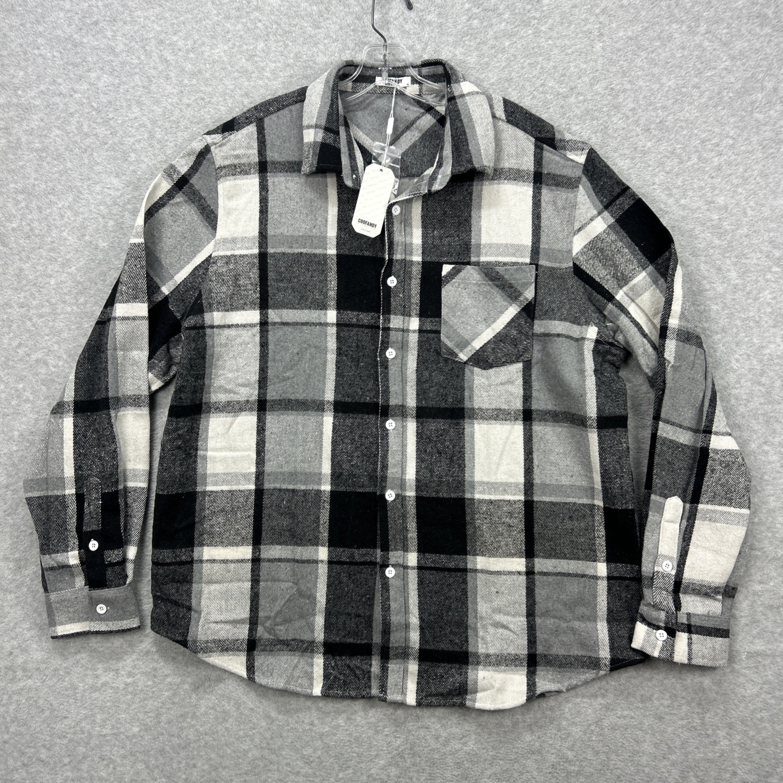 Coofandy Shirt Mens XL Black White Plaid Flannel Chamois Shacket Lumberjack NEW