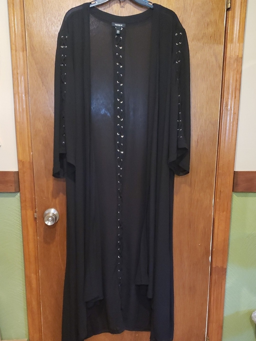 Torrid Sheer Black Maxi Kimono Duster with Grommet Lace Up Trim