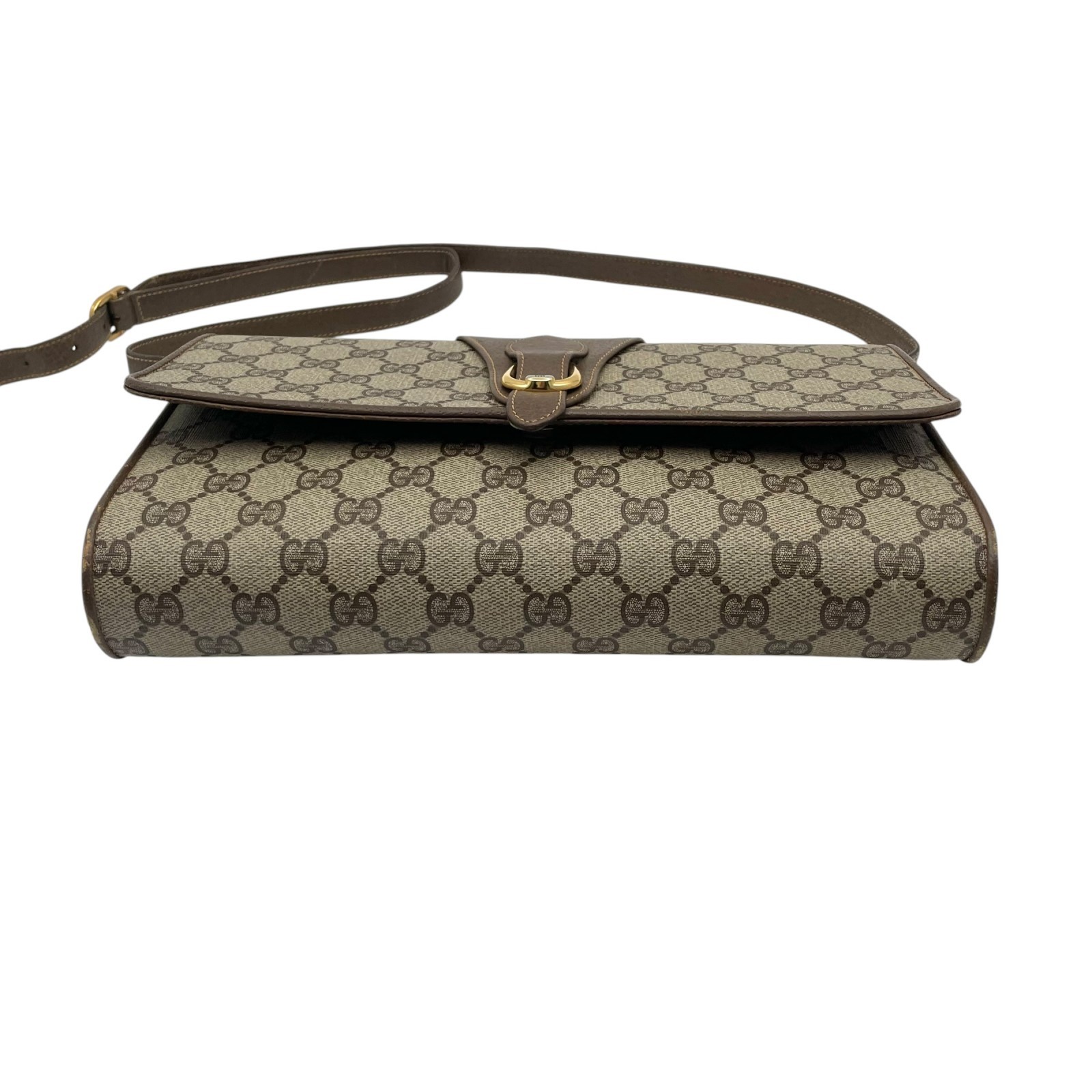 Authentic GUCCI GG Plus PVC Leather Shoulder Bag Messenger Grey Brown Gold