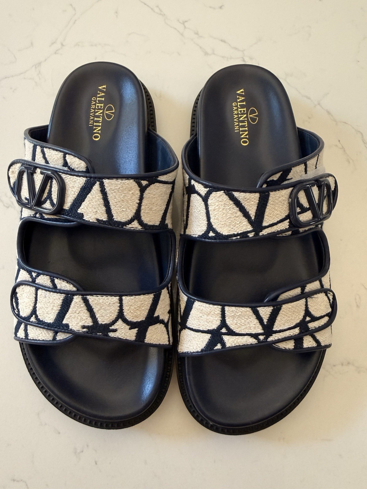 Valentino Garavani Women’s Navi/Beige Double Strap V Logo Sandals Size EU 38.