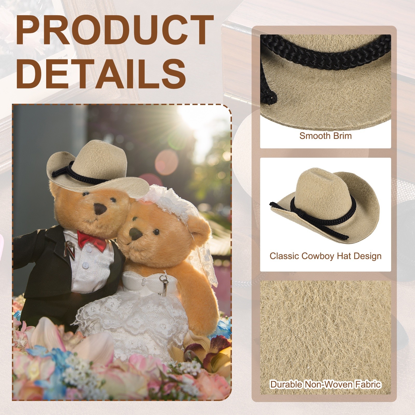 Khaki Mini Cowboy Hats for Crafts Dolls Wedding, 8.5cm x 7.1cm x 4cm