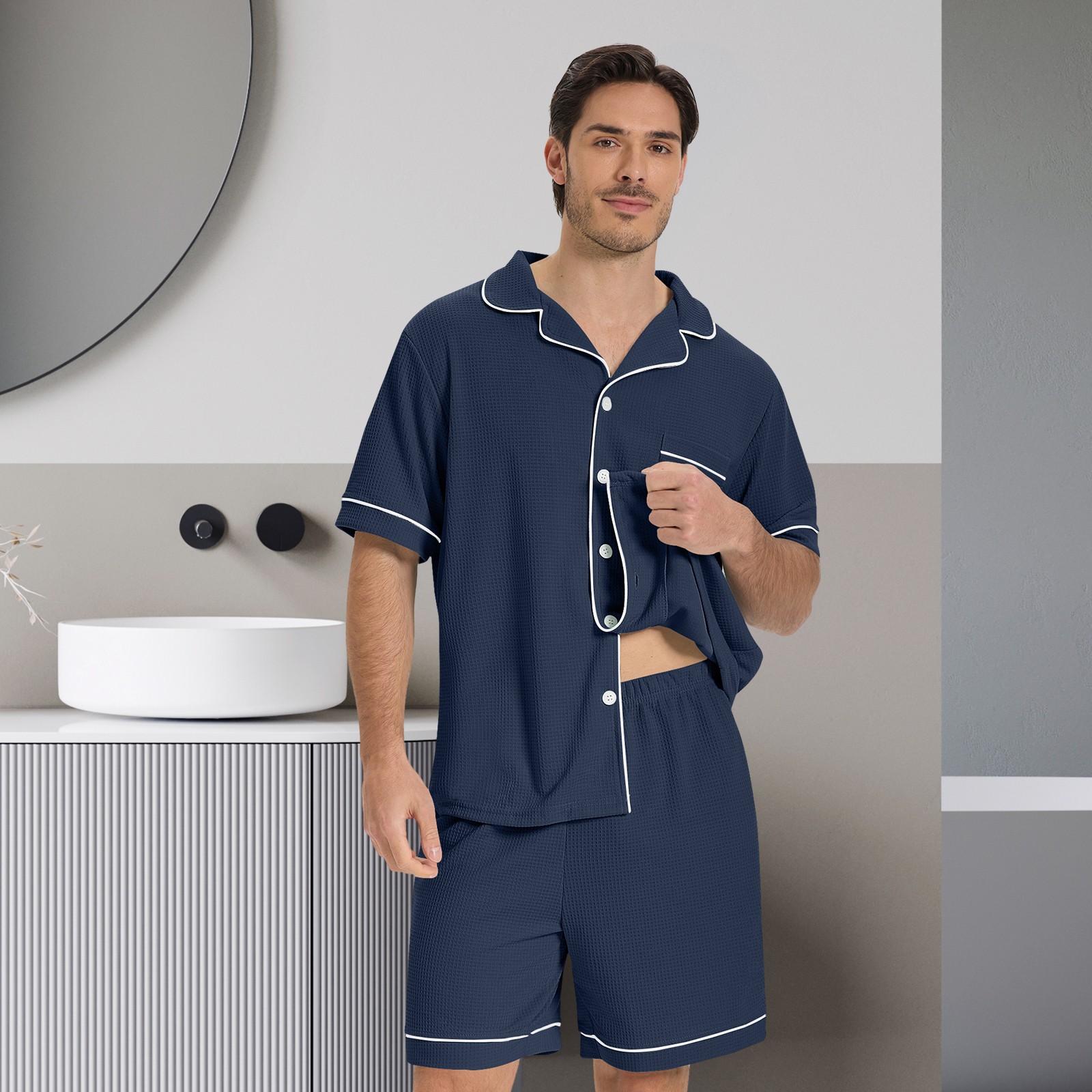 SIORO Men Waffle Knit Pajamas Set Short Sleeve Sleepwear Button Down Loungewear
