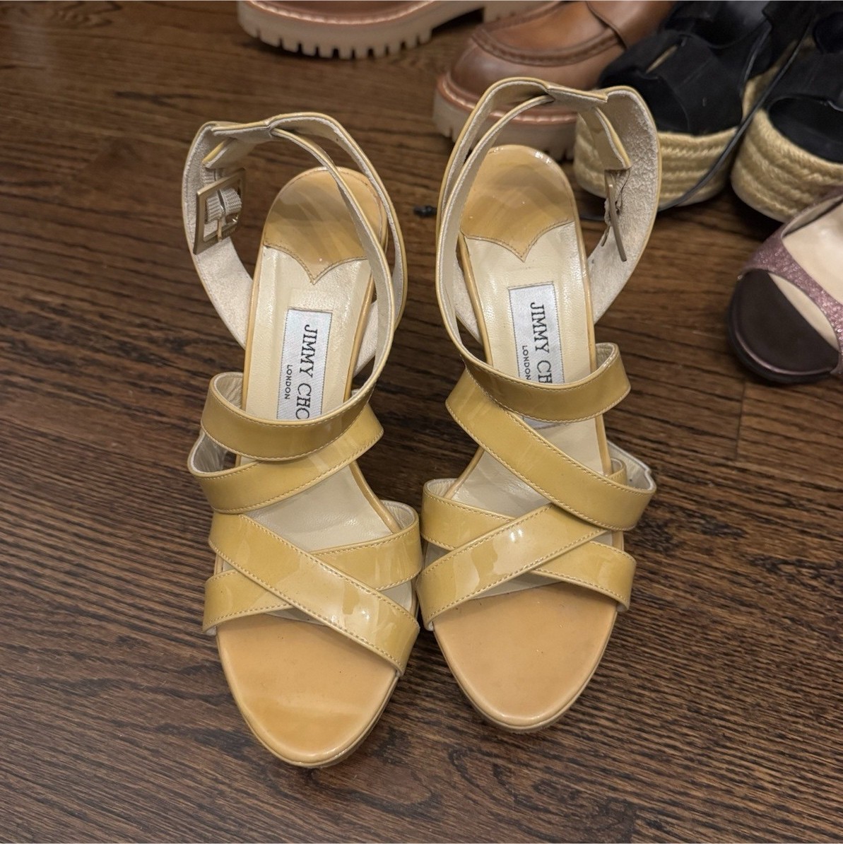 Jimmy Choo Women’s Beige Leather Strappy Ankle Strap Open Toe Buckle Heels