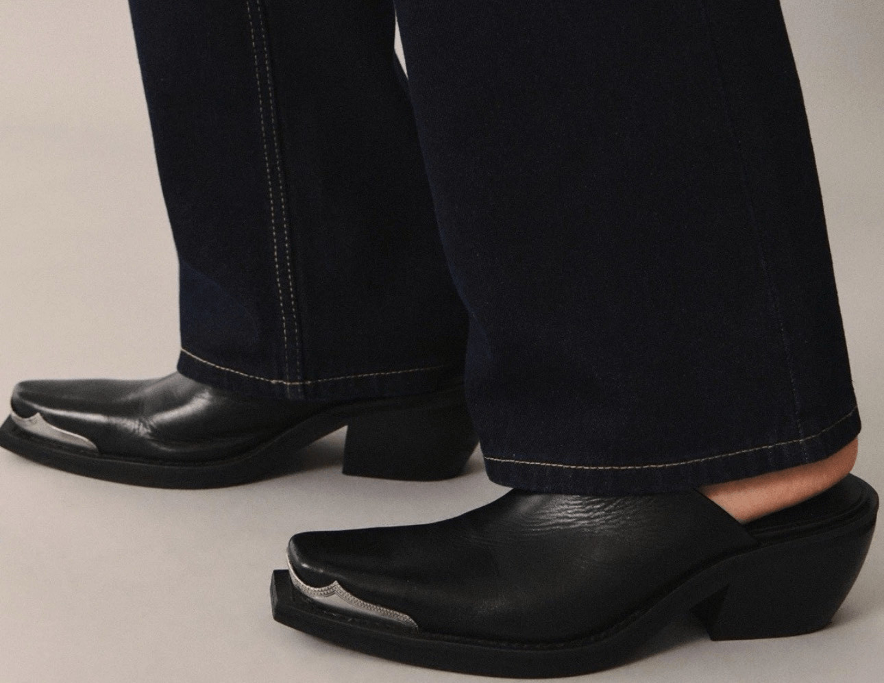 MNG Mango $219 Black Leather Western Mule Metallic Toe Womens 37 NEW
