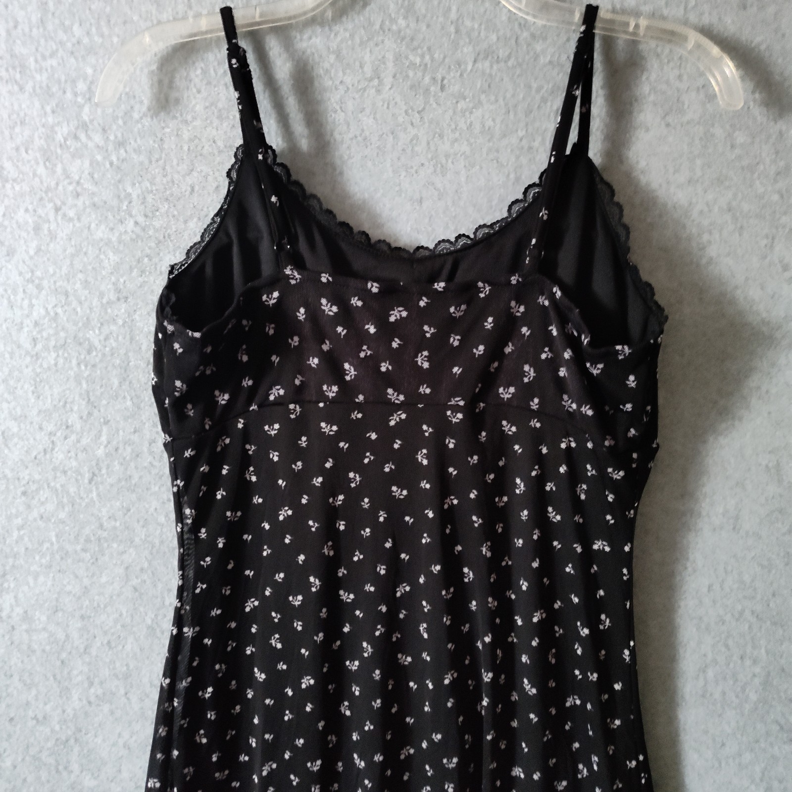 Black Floral Dress Empire Waist Thin Strap Sz L (12-14) Grunge Boho Fairy Twee