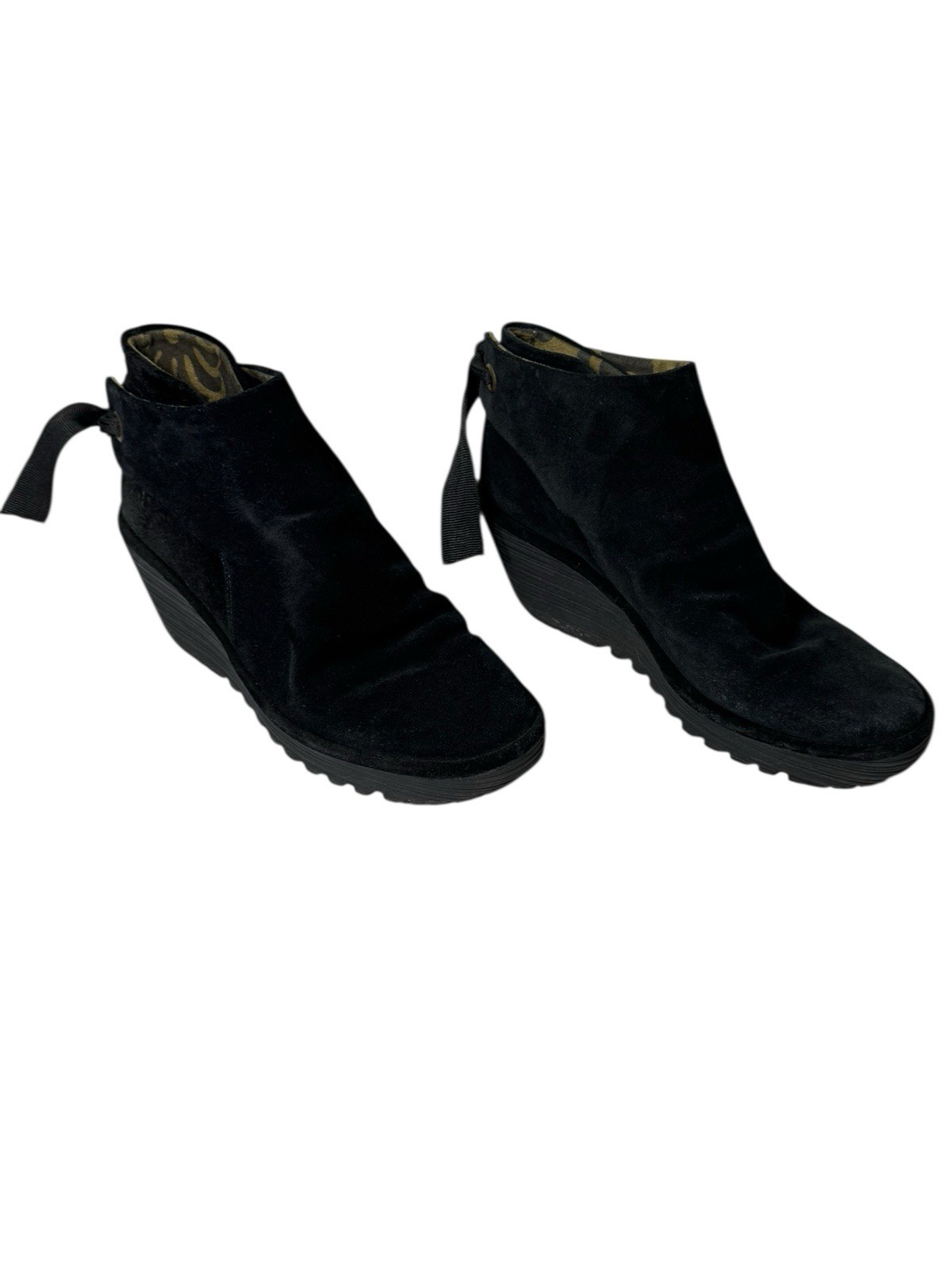 Fly London Yeti Womens EU40 (US 9 – 9.5) Black Suede Tie Back Wedge Boots