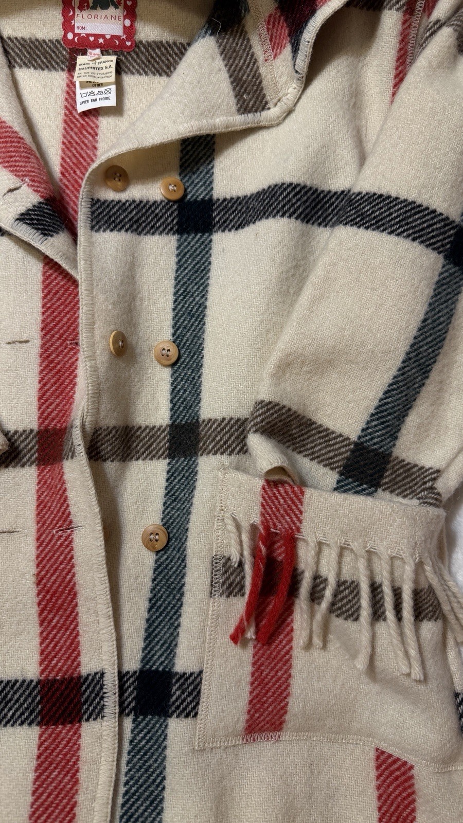 Vintage Floriane France Wool Cape Coat Women XXS XS Plaid Hood Fringe 85% Wool