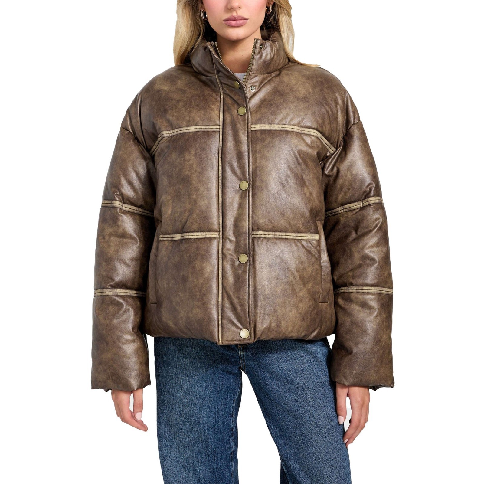 Women Real Leather Jacket Brown Puffer Quilted Snap Zip Up Winter Coat